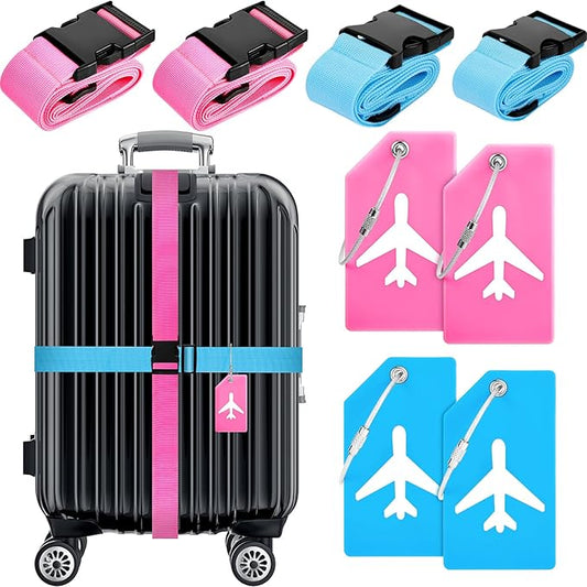 Weewooday 8 Pcs Luggage Straps Suitcase Tags Set for TSA Approved, 4 Travel Adjustable Suitcase Belt, 4 Silicone Luggage Tags with Name ID Card Travel Accessories(Pink, Light Blue,Airplane)