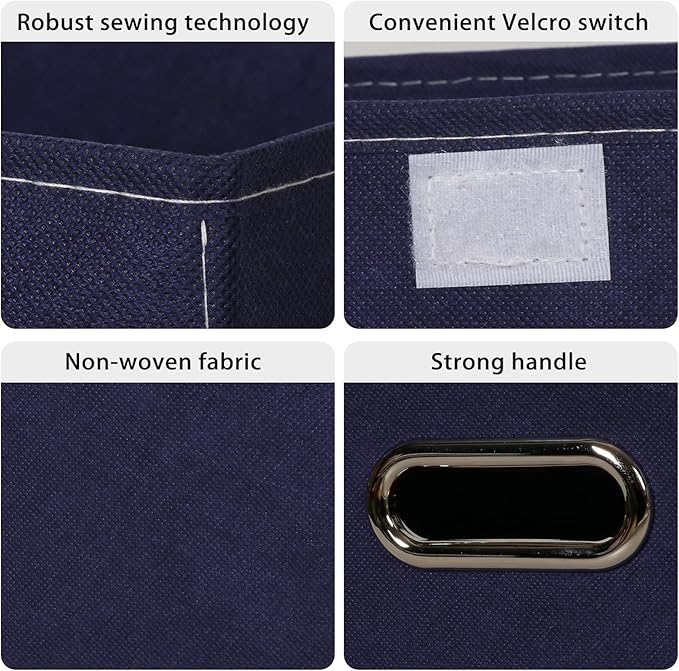 Linen Fabric Foldable Collapsible Storage Cube Bin Organizer Basket Fabric Storage Bins with Lid, Leather Handles, Removable Divider for Home, Closet,Navy Blue 3Pcs