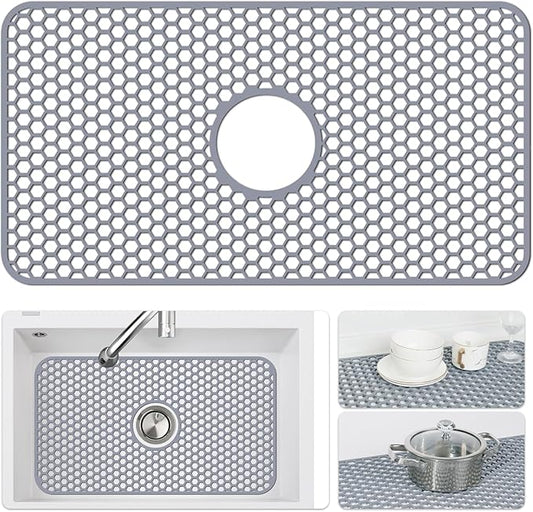 Silicone Sink Mat - Protectors for Kitchen Sink with Center Drain, 26"x 14" Kitchen Grid Accessory, Non-Slip Heat-Resistant Mat for Bottom of Farmhouse Porcelain Stainless Steel (Center Hole)