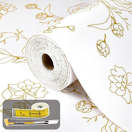 Shelf Liners for Kitchen Cabinets 23.6in x 39.37FT Non Adhesive Drawer Liner Gold Floral Thickened Shelf Liner Paper Strong Non-Slip Easy to Clean for Tool Box Refrigerator with Knife and Tape Measure