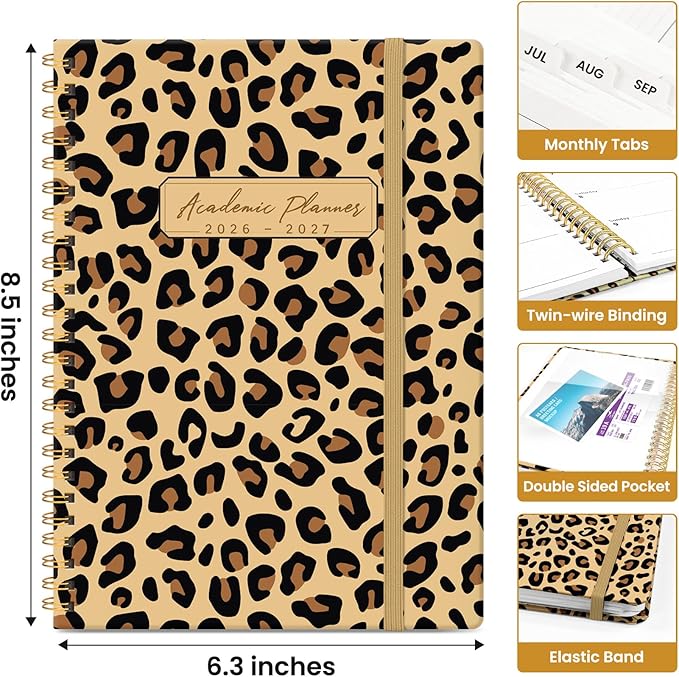 Planner 2026-2027, Academic Year Monthly and Weekly Calendar Planner, Jul 2026 - Jun 2027, Hardcover Teacher Student Planning Agenda book with Tabs, Perfect for School Office Supplies, 6.3" x 8.5" - Leopard