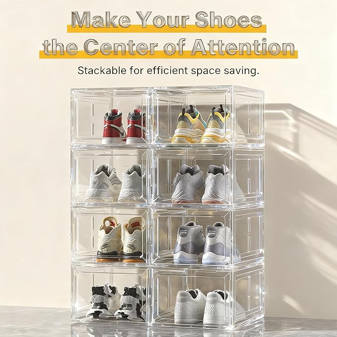 Thick & Sturdy Clear Shoe Boxes with Magnetic Front Door, Stackable Plastic Sneaker Storage Organizer for Closet, Space-Saving Foldable Shoe Containers for Boots & Heels, Durable Shoe Cabinet, 6 Pack