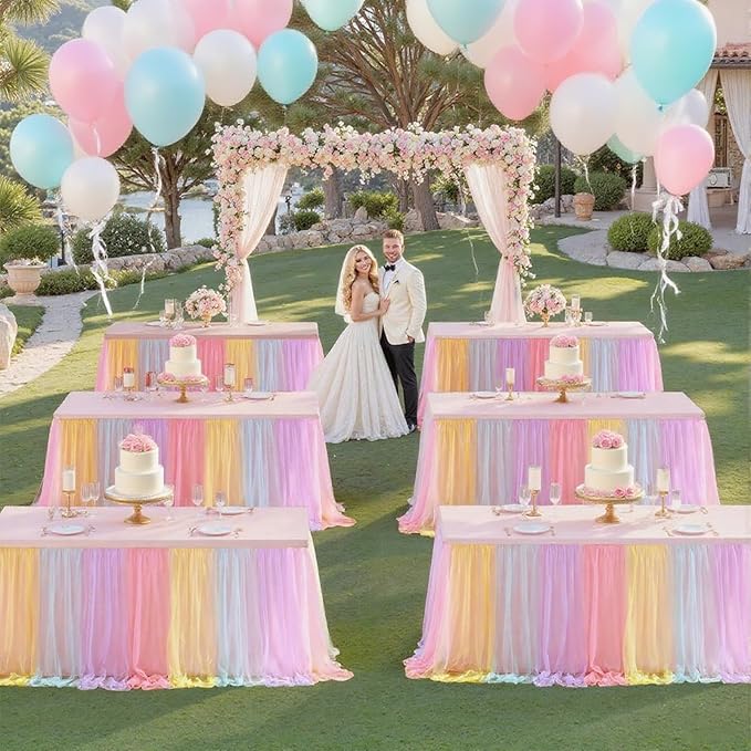 Tulle Table Skirt 3 Layer 6ft 9ft with Polyester Lining Reusable Washable Tutu Tablecloth for Wedding Party Birthday Banquet Holiday Decoration (Multicolor, 6Feet)