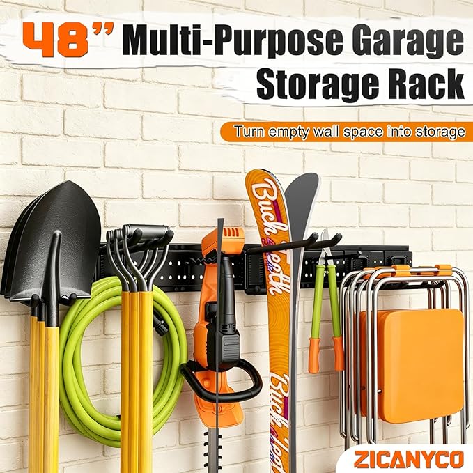 Garage Tool Organizer Wall Mount 48 inches with 10 Adjustable Heavy-Duty Hooks, Garage Organization, Garden Tool Storage Rack, Yard, and Shed, Holds Up to 400 lbs