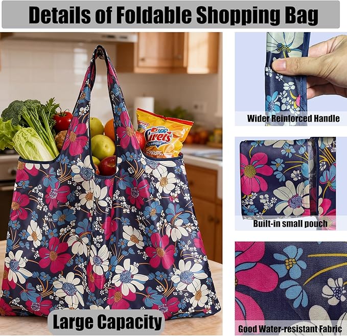 5 Pack Foldable Reusable Shopping Bags - 210D Nylon Waterproof Large Capacity Grocery Bags, Compact Travel Bag for Pinic, Groceries, Beach, Storage