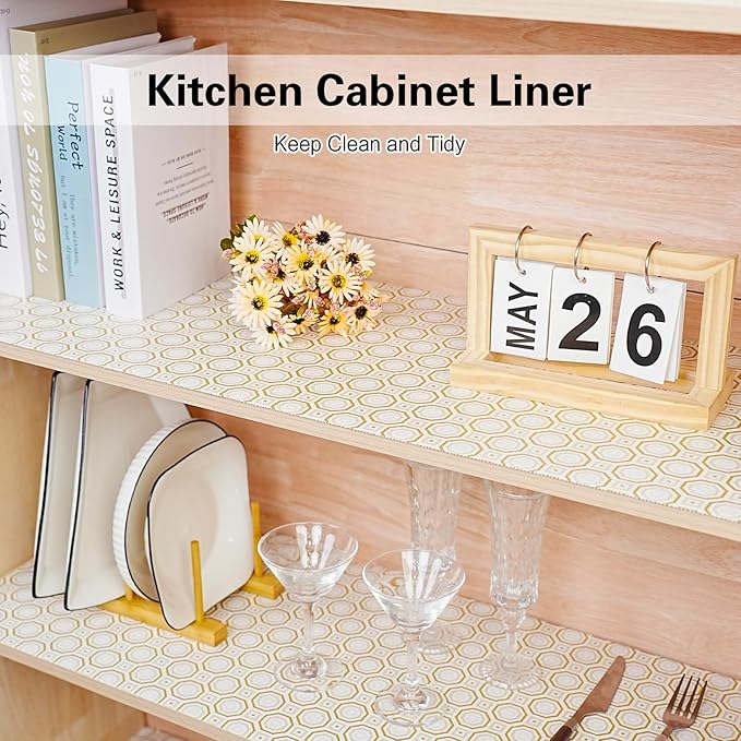 Drawer and Shelf Liner for Kitchen Cabinet,Non-Adhesive Cabinet Liner 24in x 10FT,Waterproof Shelf Paper Non-Slip Mats Cupboard Liners Contact Protect Dresser/Shelves/Table-Gold Octagonal