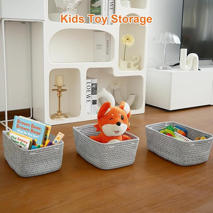Ordn2Ordn Small Storage Baskets for Organizing, Woven Storage Bins for Shelves, Empty Gift Basket, Cute Decorative Closet Organizer, Baby Rope Basket, Dog Toy Storage, 12.6x8.2x5”, 3-Pack Mixed Gray