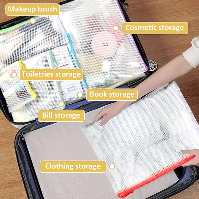 18PCS Mesh Zipper Pouch Bags, Zipper Bags for Office Supplies,9 Colors for Puzzles Board Game Storage, 8 Sizes for Reusable Plastic Zip Organizer for Travel