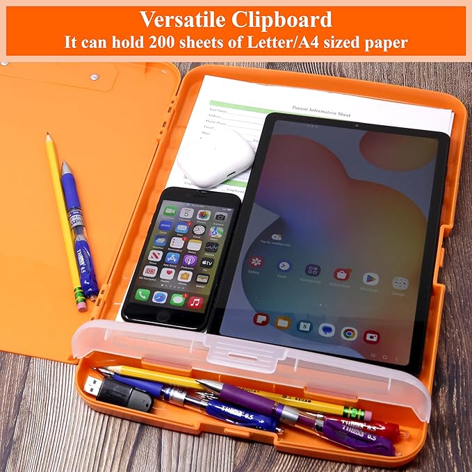 Think2Master [3 Pack] Orange Plastic Storage Clipboard with Pencil Holder. | 25% Heavier & 25% Sturdier| Heavy Duty. Nursing, Teacher & Classroom Must Have.