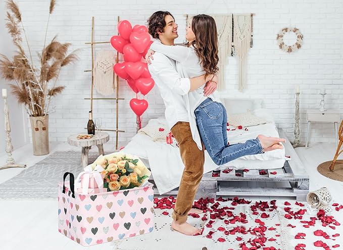 KUNRO Rectang Heart Valentine's Storage Basket Gift Shelf Basket Storage Bin, Nursery Basket Organizer Box for With Handles for Room Deco