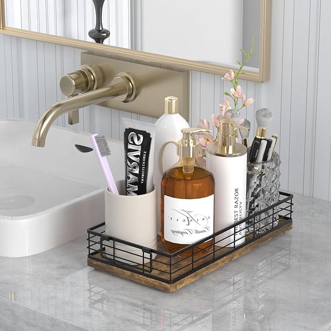 Toilet Paper Basket, 13 Inch Farmhouse Bathroom Basket MDF and Iron Tray Top of Storage Toiletries Organizer for Bathroom, Living Room and Kitchen (Rusty)