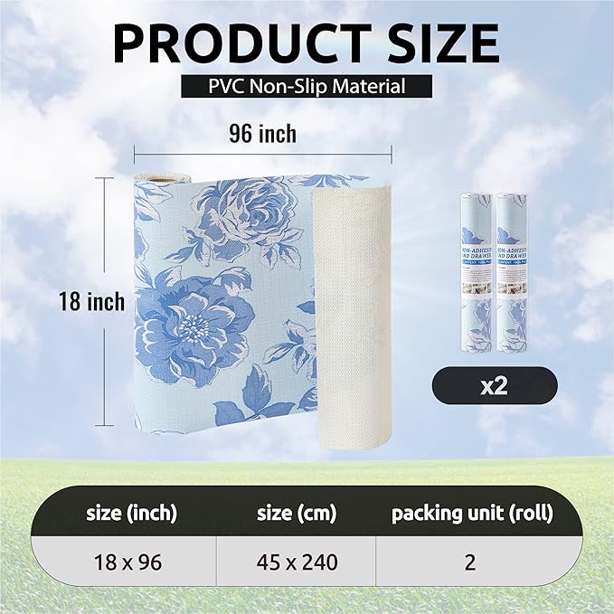 FIFTY FEET 18X96 Inch Shelf Liner for Kitchen Cabinets, PVC Drawer Liner for Dresser Non-Slip Bathroom, Non-Adhesive Cabinet Liner Washable (Blue Flower)(2 Roll)