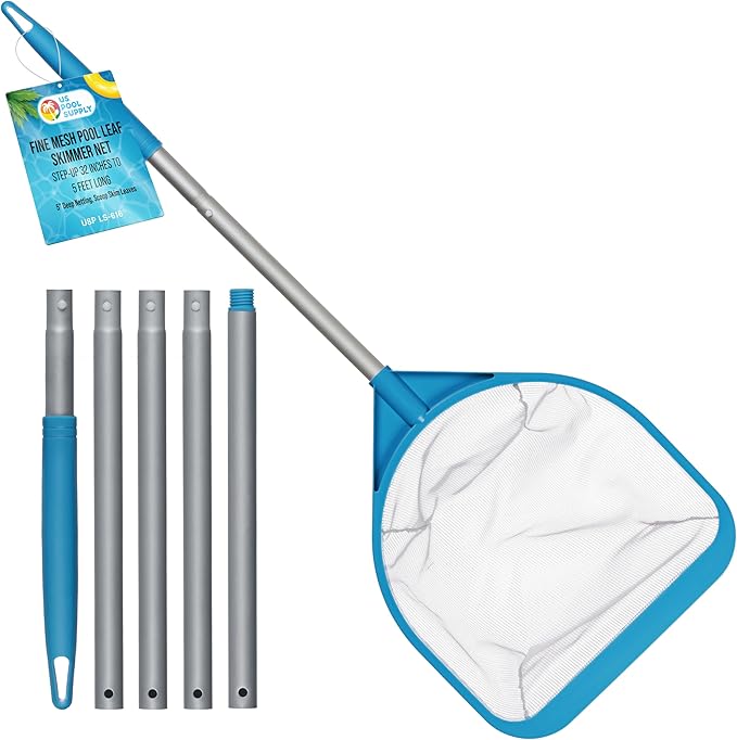 U.S. Pool Supply Pool and Spa Skimmer Net with Pole, Handheld Fine Mesh Pool Leaf Skimmer Net - Hand Held Spa, Hot Tub, Pond Cleaning - Step-Up 32" to 5 Feet Long, 5" Deep Netting, Scoop Skim Leaves