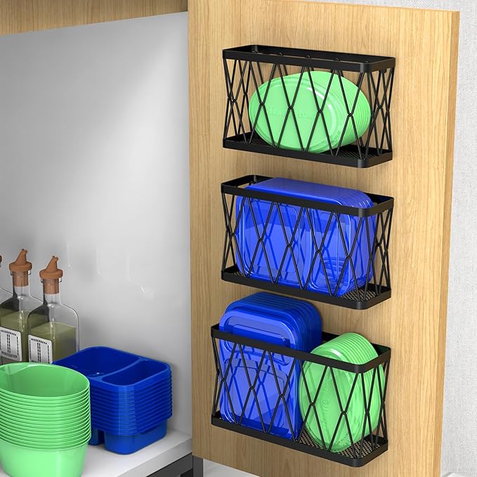 YIGII 6 Pack Cabinet Door Organizer, Wall Mounted Lid Organizer for Tupperware Kitchen RV Pantry Cabinet Storage and Organization, Heavy Duty Adhesive Wall Baskets Lid Holder Slim Stainless, Black