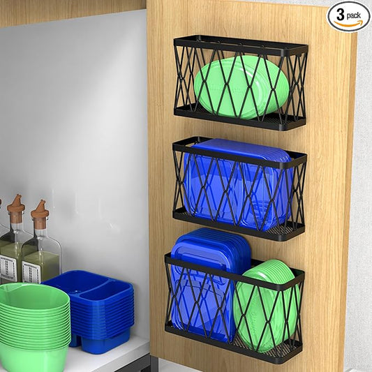 YIGII 3 Pack Adhesive Cabinet Organizer - Wall Mounted Pantry Door Organizer Bin Holder for Tupperware Lid Kitchen Wall Under Sink Basket Slim Space Black Stainless Steel