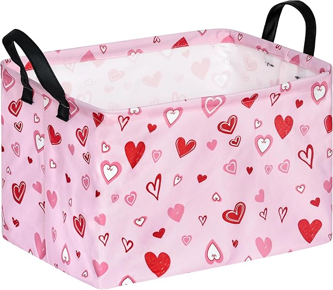 KUNRO Rectang Heart Pattern Vantine's Storage Basket Gift Shelf Basket Storage Bin, Nursery Basket Organizer Box for With Handles for Room Deco