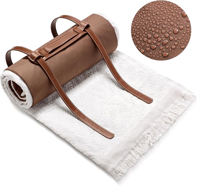 VitalCozy Waterproof Picnic Blankets Outdoor Blanket Foldable 2 in 1 Double Layer Sandproof Beach Mat with Carry Strap for Camping Lawn Park Beach Grass(White)