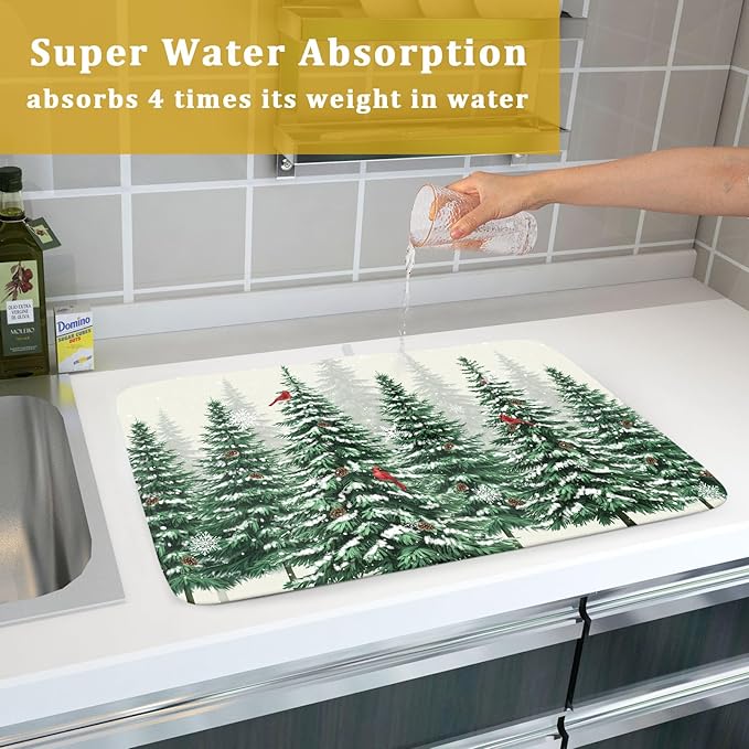 Winter Green Pine Tree Dish Drying Mat for Kitchen Counter,Red Bird Snowflake Drying Mat 18 x 24 Inch with High Absorbent Microfiber Drainer Mat for Coffee Bar
