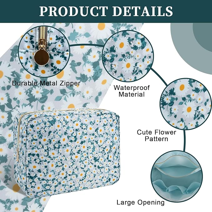 Waterproof Nylon Large Makeup Bag Travel Pouch, Floral Preppy Big Cosmetic Bag Make Up Organizer Toiletry Bag with Zipper, Large Capacity Cute Zipper Pouch Storage Bag for Women Girls(Green Daisy)