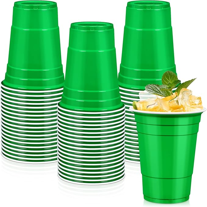 LANLISA 100 Green Plastic Cups, 16 oz Disposable Cups, Drinking Cups For St Patricks Day, Christmas Party Supplies