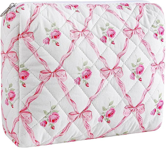 HHQQWZ Makeup Bag Travel Cosmetic Bag for Women Girls, Zipper Makeup Pouch, Floral Flowers Toiletry Organizer Makeup, Portable Storage Cosmetic Travel Cloth Bag (L/Pink Bowknot)