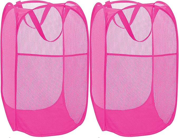 2 Pack Sturdy Mesh Pop up Laundry Hamper Basket with Side Pocket for Laundry Room, Bathroom, Kids Room, College Dorm or Travel Blush
