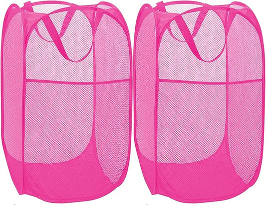 2 Pack Sturdy Mesh Pop up Laundry Hamper Basket with Side Pocket for Laundry Room, Bathroom, Kids Room, College Dorm or Travel Blush