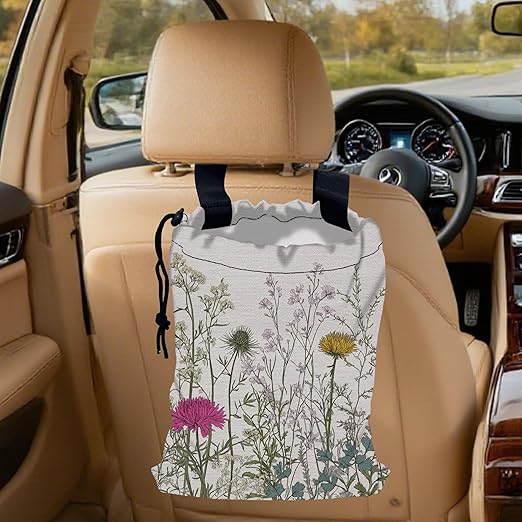 Wild Herb Flower Car Garbage Bag,Vintage Botanical Flowers Small Car Trash Bag Hanging Back of Seat,Drawstring Car Trash Bag with Adjustable Buckle,Car Accessories for Camping Travelling