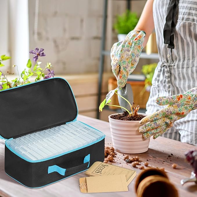 FACULX 15 Slots Seed Storage Organizer Box with 20 Seed Envelopes, Large Capacity Seeds Storage Container with Zipper Bag Label Stickers, Seeds Saving Container for Garden Vegetable and Flower (Blue)