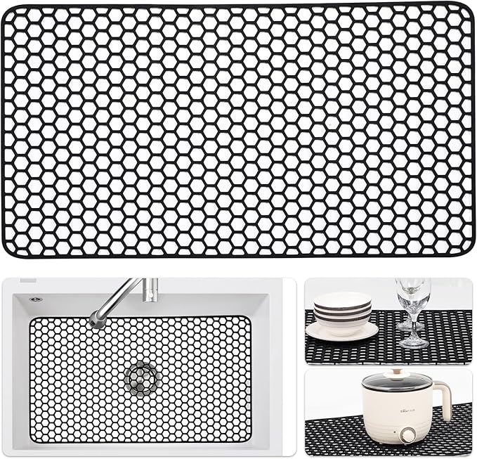 Silicone Sink Protectors for Kitchen Sink - 26"x 14" Kitchen Protector Accessory, Non-Slip Heat Resistant Mat for Bottom of Farmhouse Stainless Steel Porcelain, Dishwasher Safe (Black)