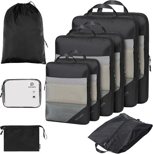PFEYRPK Lightweight Compression Packing Cubes for Suitcases, Compressible Expandable Travel Packing Organizer with Clear Toiletries and Backpack Bag, Travel Essentials for Carry on Luggage 7 Set
