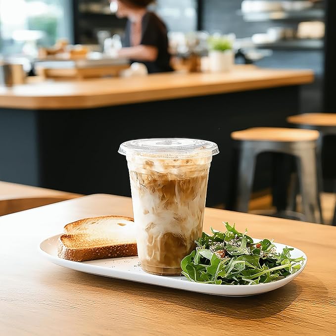 TashiBox 16oz-100 Count Plastic cups with flat lids | Disposable Plastic Ice coffee Cups to go | Crystal Clear