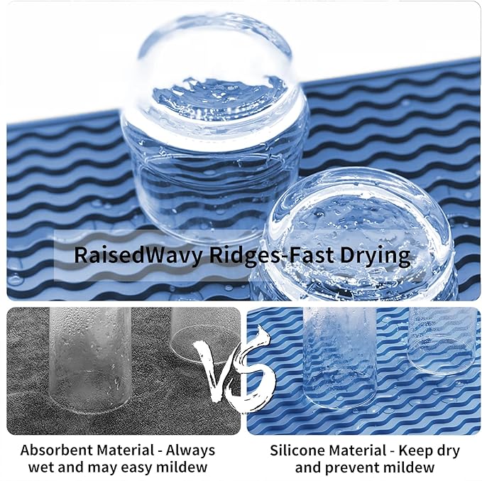 ZLR Silicone Dish Drying Mat for Kitchen Counter, Eco-Friendly Fast Dry Dish Mat, Easy Clean Multi Usage Drying Matt, Heat Resistant Trivet, 12" x 16" Large, Lichen Blue