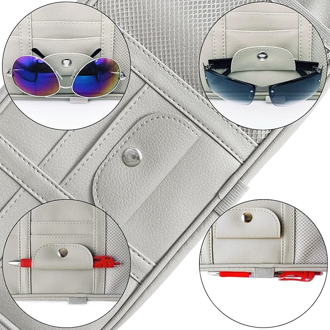 Da by Car Sun Visor Organizer, Multi-Pocket Visor Organizer Storage Pouch for Cars, SUVs & Trucks with Double Zippers, Elastic Bands & Glasses Clip - Organizes Essentials Keep Tidy (Cream Grey)