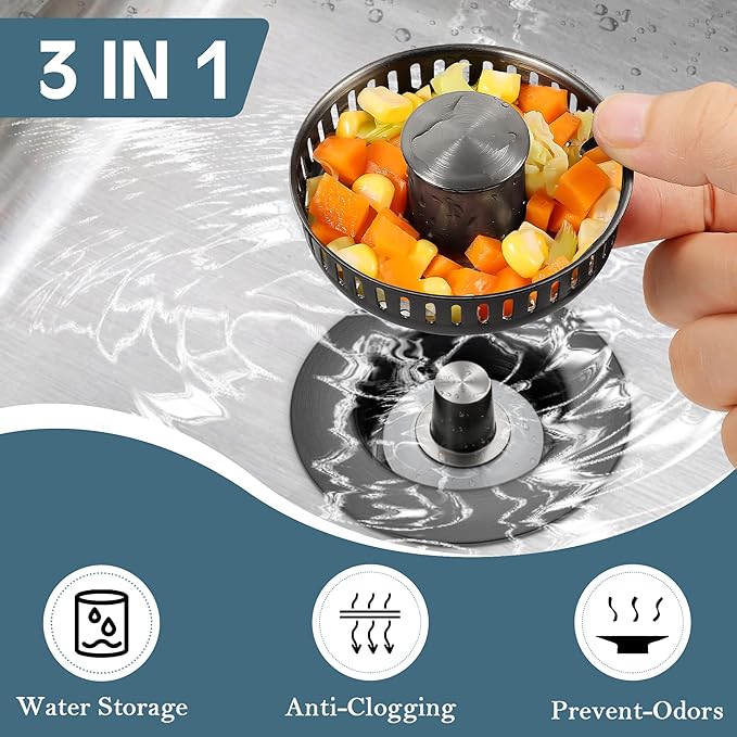 Kitchen Sink Drain Strainer 3 in 1, 304 Stainless Steel Pop Up Sink Stopper, Anti-Clogging Sink Drain Strainer for US Standard Kitchen Drain (Gunmetal Gray)