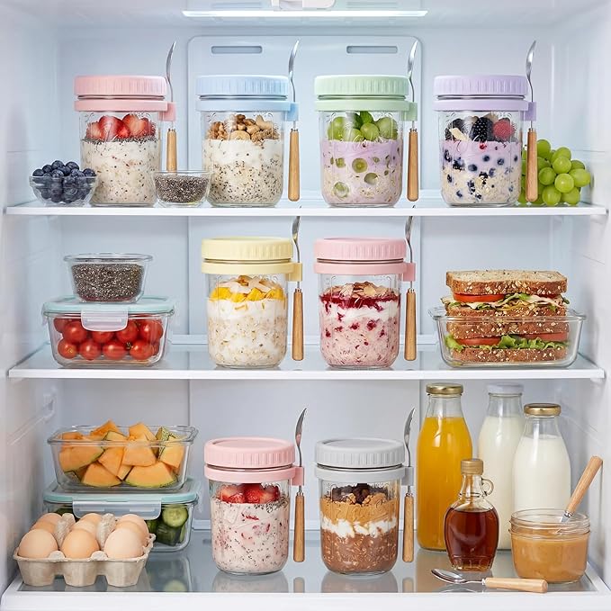 HomArtist 16oz Overnight Oats Containers with Lids and Spoons, 6 Pack Wide Mouth Mason Jars with Airtight Lids, Overnight Oats Jars for Salad, Chia Seed, Cereal, Yogurt