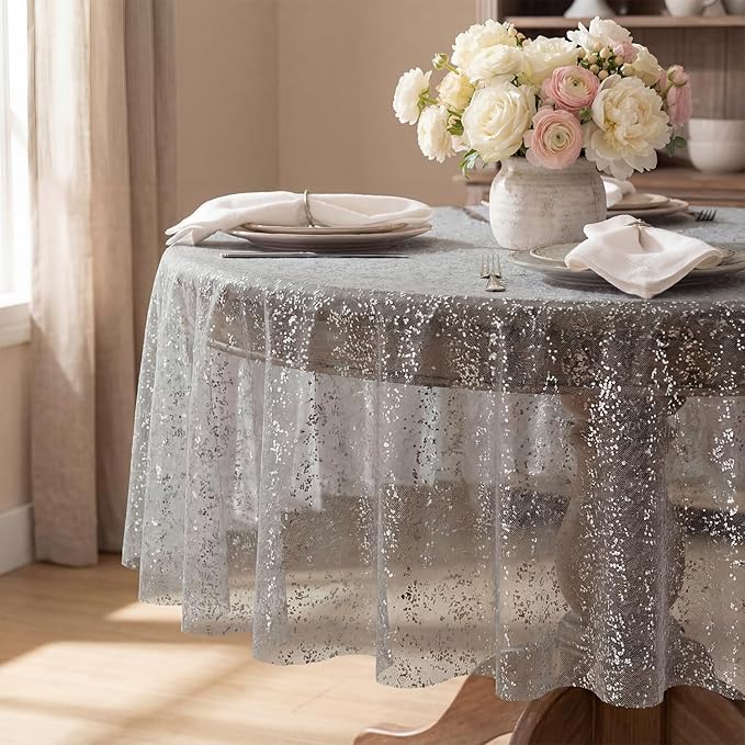 Horaldaily Grey Silver Tablecloth 60x60 Inch Round, Silver Glitter Metallic Foil, Sheer Tulle Cheesecloth for Wedding Baby Shower Ceremony Birthday