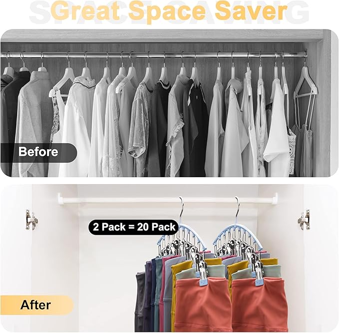 Volnamal Legging Organizer for Closet, Metal Yoga Pants Hanger w/Rubber Coated 4 Pack w/10 Clips Hold 40 Leggings, Hangers Space Saving Hanging for Closet Organizers and Storage, Blue