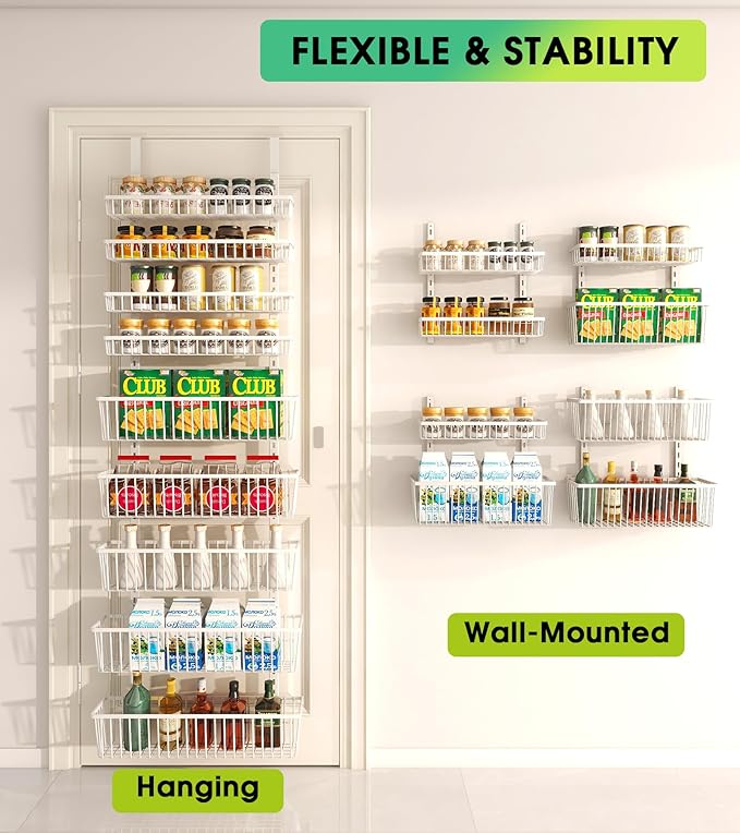 White 9-Tier Over The Door Pantry Organizer, Pantry Organization and Storage, Deep Baskets Hanging Heavy-Duty Metal, Wall Spice Rack Seasoning Shelves for Home & Kitchen, Laundry Room Bathroom