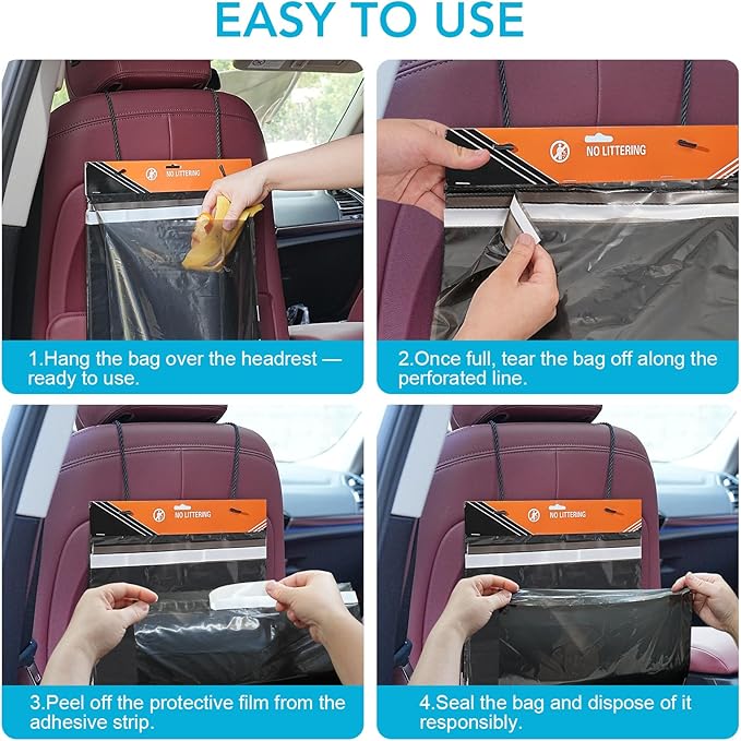 50 Pcs Disposable Car Trash Bags - Large Capacity - Car Garbage Bags Hanging from Headrest - Easy to Stick-On, Leakproof, Smellproof Car Trash Can, Puke Bags - Ideal for Travel, Camping, and Home Use