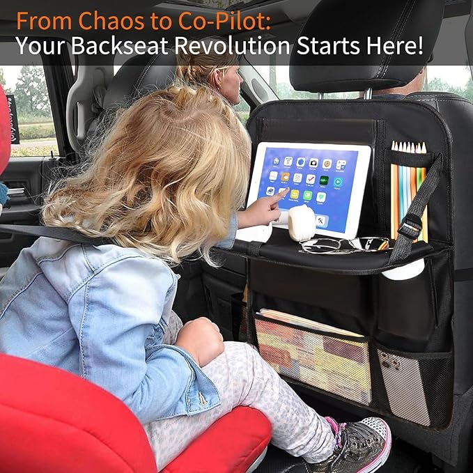 Back Seat Car Organizer with Foldable Table Tray of 2 Pack-Car Kick Mats Back Seat Protector with 12 Storage Pockets Tablet Holder for Family Travel Essentials (Black)