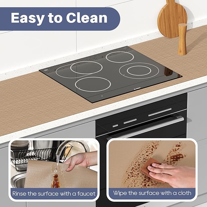 Drawer Liner, Shelf Liners for Kitchen Cabinet Waterproof & Oil-Proof Cupboard Liner Non-Slip Drawer Mat PVC Material Non Adhesive Kitchen Liner for Countertop Beige 11.8 x 393.7 Inches