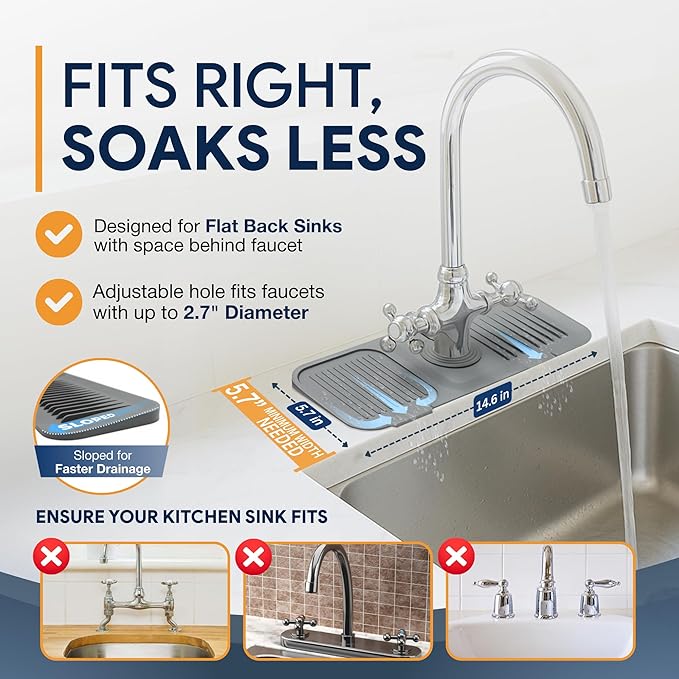 14.6” Silicone Faucet Mat For Kitchen Sink, Kitchen Sink Splash Guard Behind Faucet, Kitchen Faucet Mat For Kitchen Sink, Kitchen Sink Faucet Mat Splash Guard and Sink Water Splash Guard (Gray)