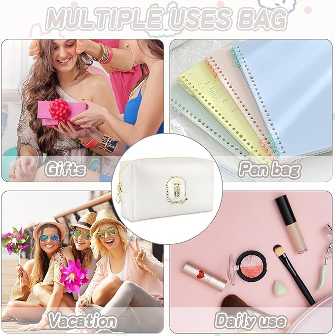 Gifts for Girls Initial Makeup Bag Personalized Cosmetic Bag with Zipper Cute Travel Toiletry Bags Waterproof PU Preppy Makeup Pouch Birthday Gift for Teen Girls Women(White Q)