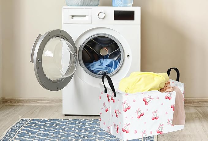 Rec Cherry Print Box Hamper Storage Basket Collapsible Organizer Bin Gift Shelf Baskets for Home and Kitchen Storage