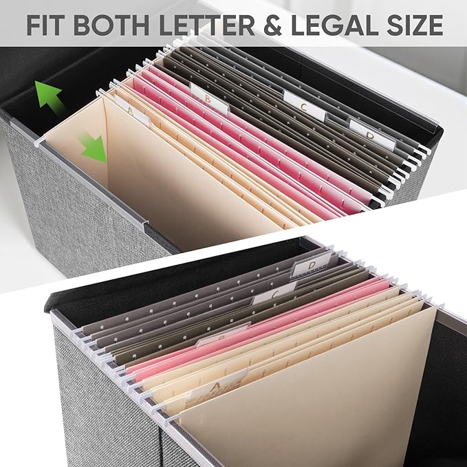 BALEINE File Organizer Box with Lid, Collapsible File Folder Organizer with Plastic Slide, Hanging File Folder Box for Office Document Storage (2 Pack, Gray)