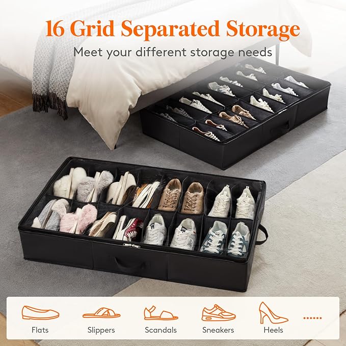 Lifewit Under Bed Shoe Storage Organizer 1 Pack (16 Pairs), 4.3" Tall Fabric Shoes Container Box, Foldable Closet Shoe Bag with 2 Reinforced Handles and Clear Cover, Black