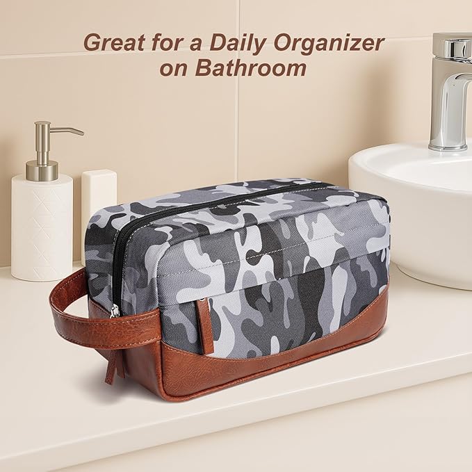 Travel Toiletry Bag for Men, Hanging Toiletry Organizer, Water Resistant Shaving Kit with Large Capacity for Travel Accessories (Camo-Gey, Medium)