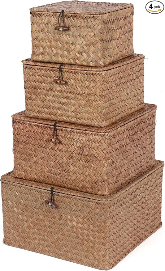 Wicker Shelf Baskets with Lid, Handwoven Seagrass Storage Basket Bins Square Gift Boxes for Shelves Home Decor Organizer (Coffee, Set of 4)