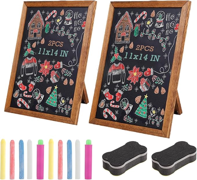 2 PCS 11x14 Inch Small Chalkboard Signs with Stand Black Magnetic Chalkboard Tabletop Non-Porous Surface with Rustic Pine Wood Frame Chalk Board Easel Sign for Kitchen, Wedding